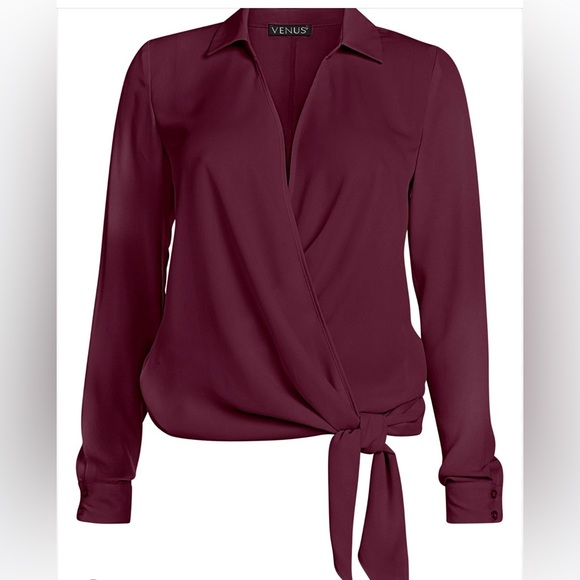 VENUS Tops - VENUS Deep Burgundy Wrap Tie Blouse